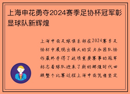 上海申花勇夺2024赛季足协杯冠军彰显球队新辉煌 上海申花勇夺2024赛季足协杯冠军彰显球队新辉煌