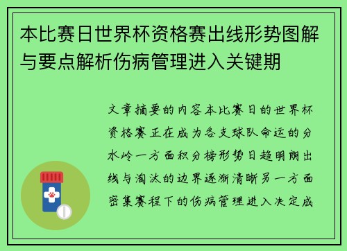 本比赛日世界杯资格赛出线形势图解与要点解析伤病管理进入关键期 本比赛日世界杯资格赛出线形势图解与要点解析伤病管理进入关键期